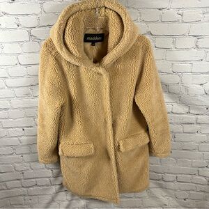 Steve Madden NYC Teddy Coat Hooded Fully Lined Oversized Snaps Tan/Sand S